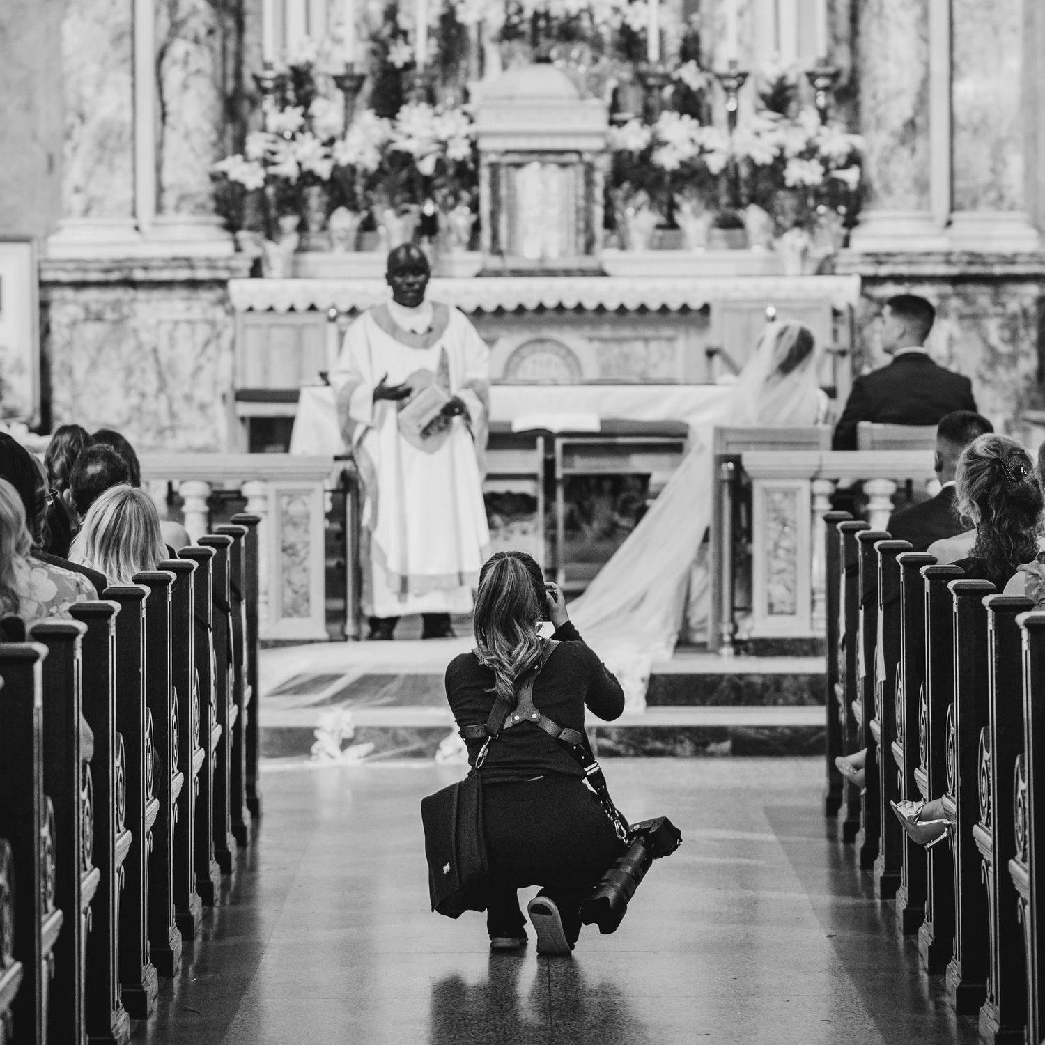 A series of wedding ceremony photos showing church interior scenes with guests, decorations, and a white bridal gown.