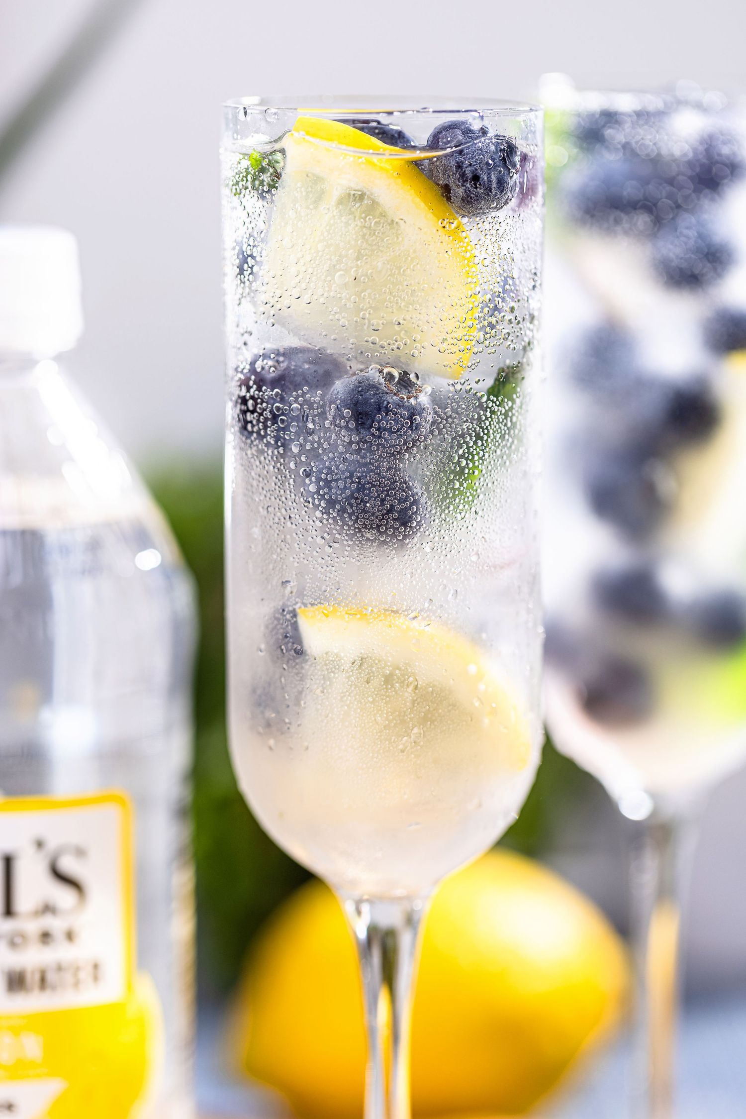 Sparkling water cocktail in a champagne flute with fresh blueberries, lemon slices, and ice. Hal's recipe development