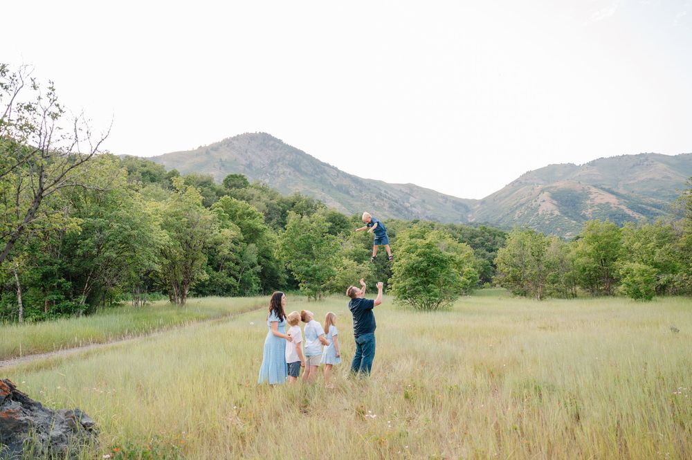 Family enjoying a sunny day in a mountain meadow, with a father tossing a child in the air.