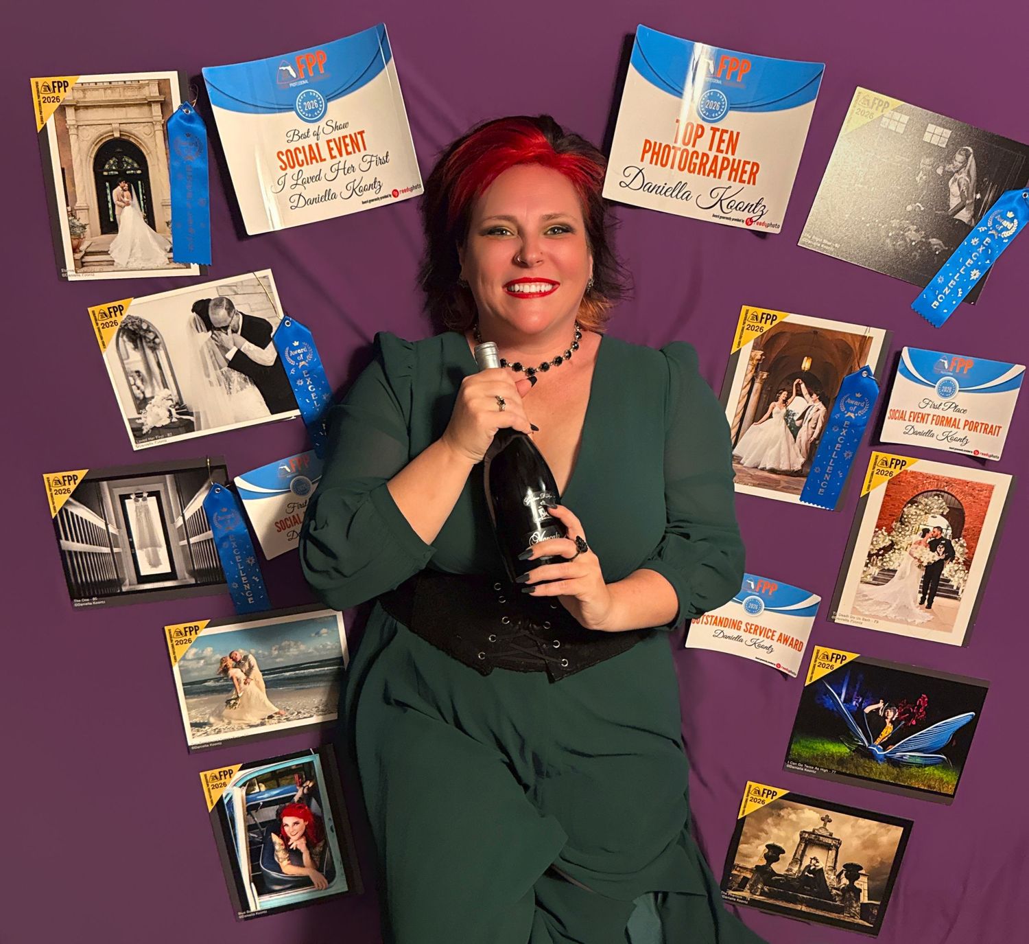 Woman in green dress holding a bottle, surrounded by photography awards and certificates on a purple background.