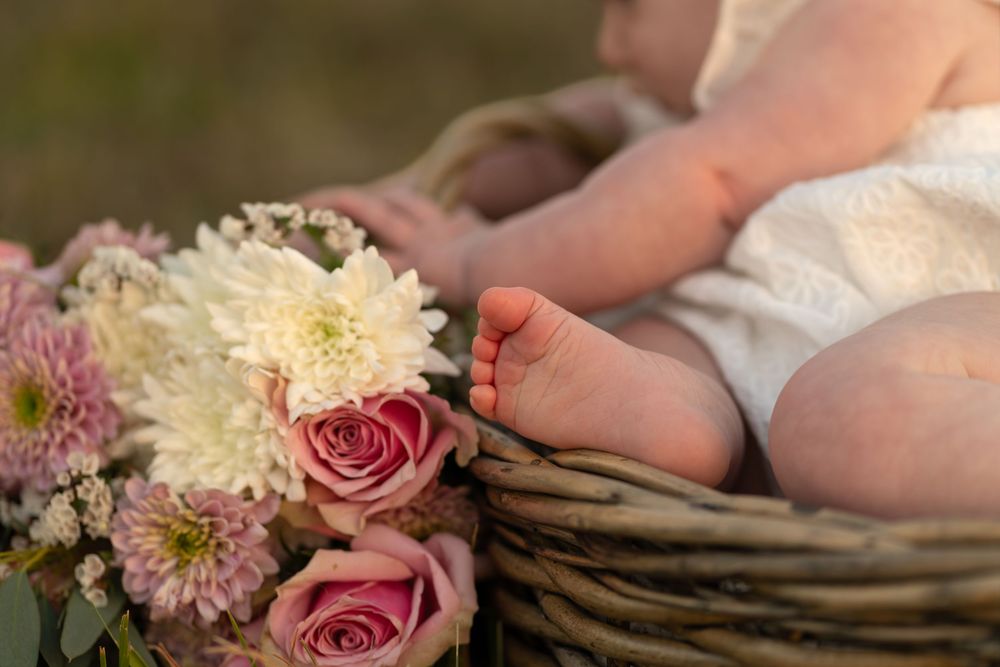 Baby feet resting in a wicker basket surrounded by pink roses and white chrysanthemums in a soft outdoor setting.