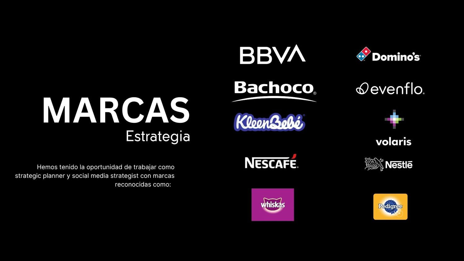 Dark slide showcasing Marcas y Contenido agency portfolio with logos of Telcel, Super Colchones, Tec de Monterrey, and Rosanegra.