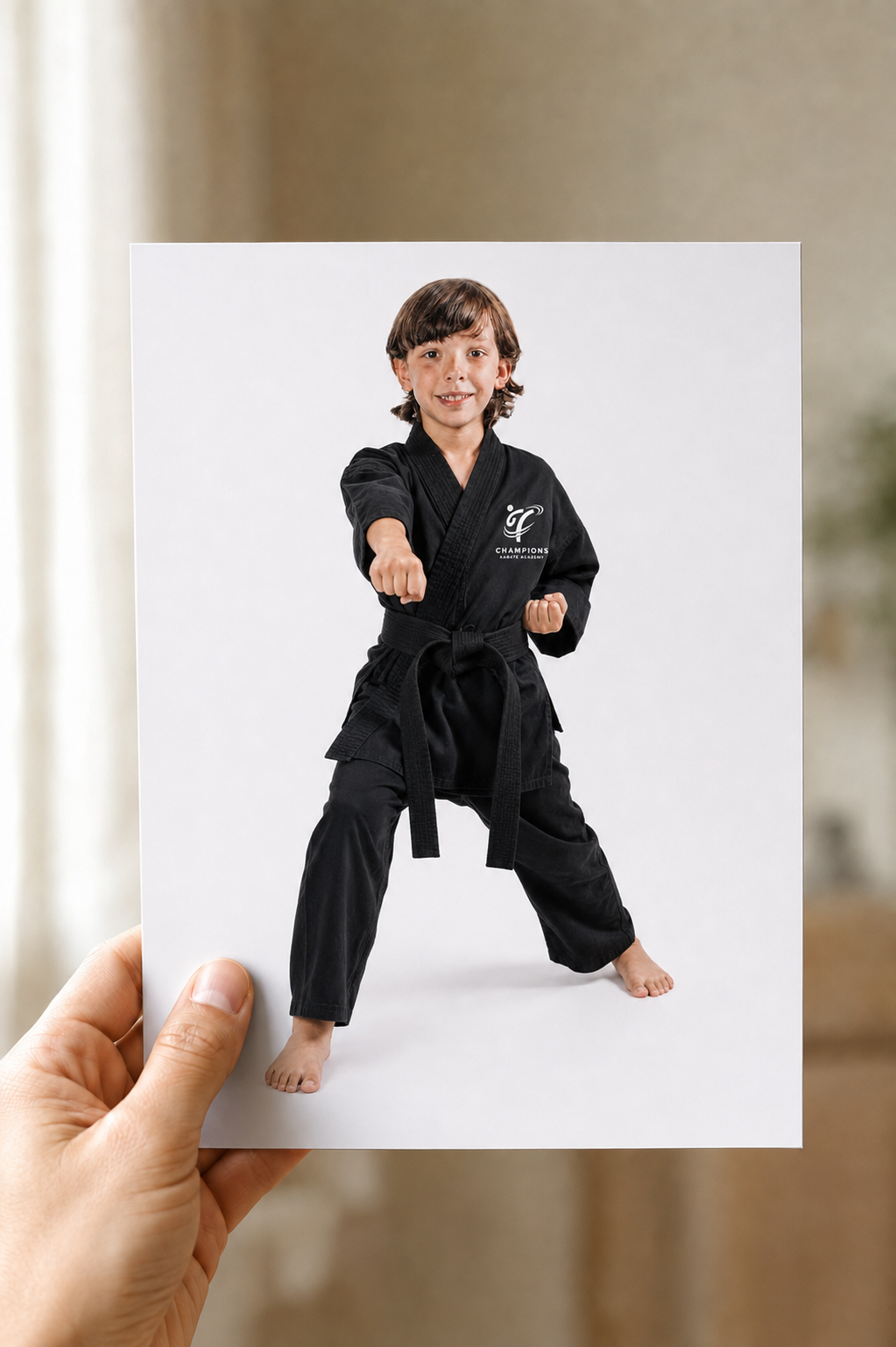 Mock up of a young child in black martial arts uniform Champions Karate performing a karate stance, smiling confidently in a studio photo.