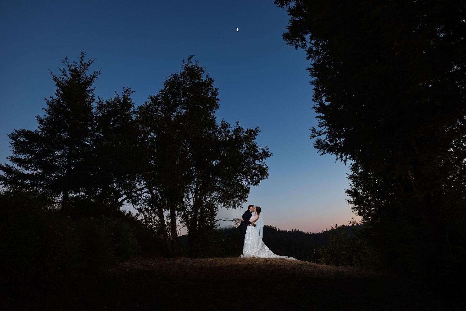 Bride and groom silhouetted against twilight sky under trees, sharing romantic kiss at outdoor wedding.