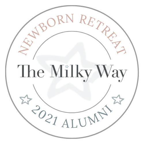 Circular badge logo for The Milky Way Newborn Retreat 2021 Alumni with star design.