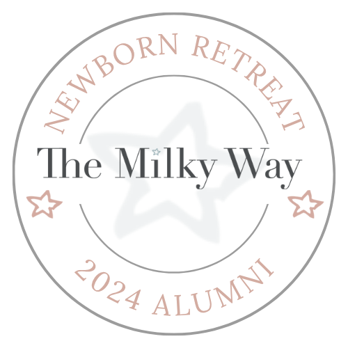 Circular badge logo for The Milky Way Newborn Retreat 2024 Alumni with star accents in gray and rose gold.