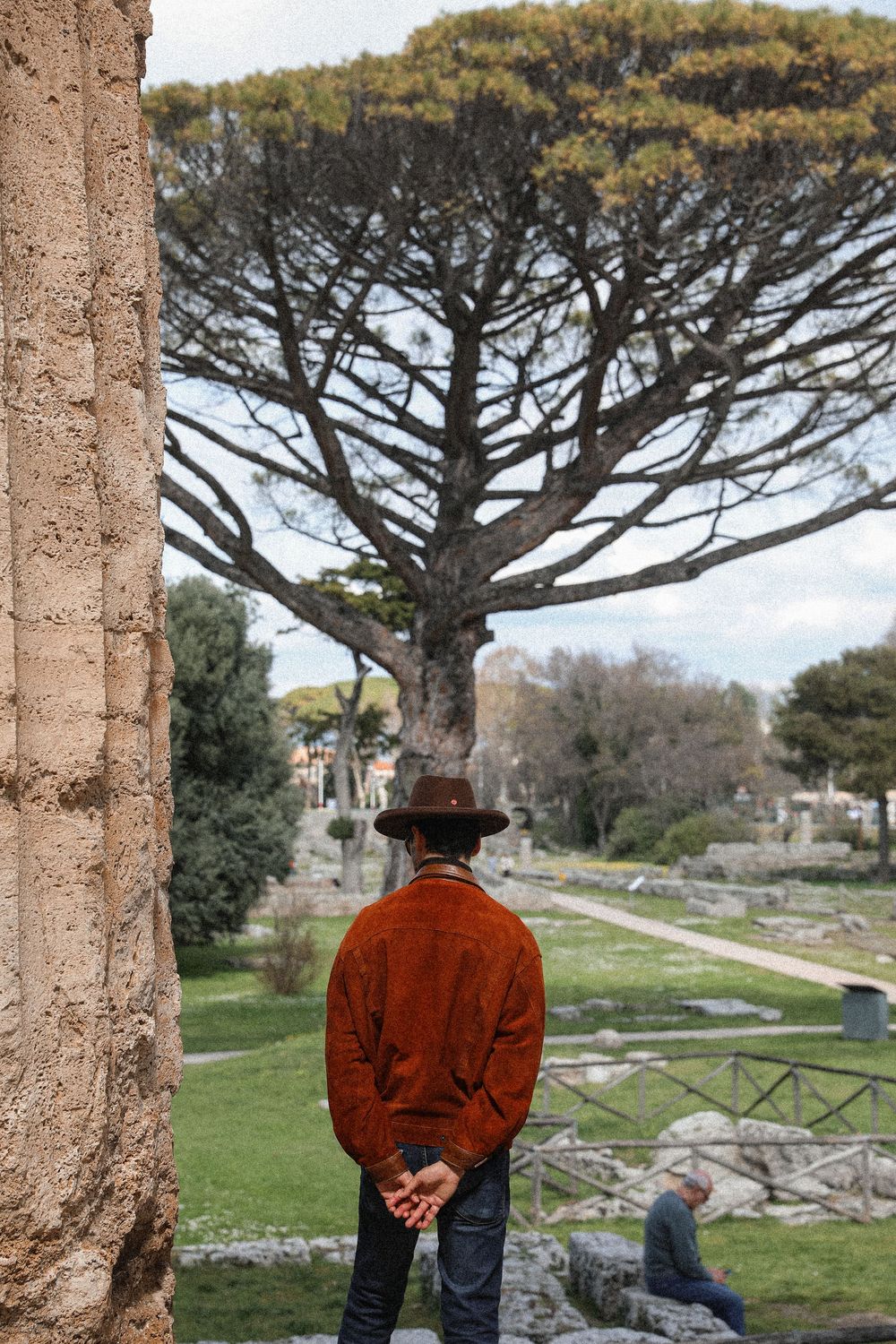 Man in brown jacket and hat stands with hands clasped, viewing ancient ruins and a sprawling tree.