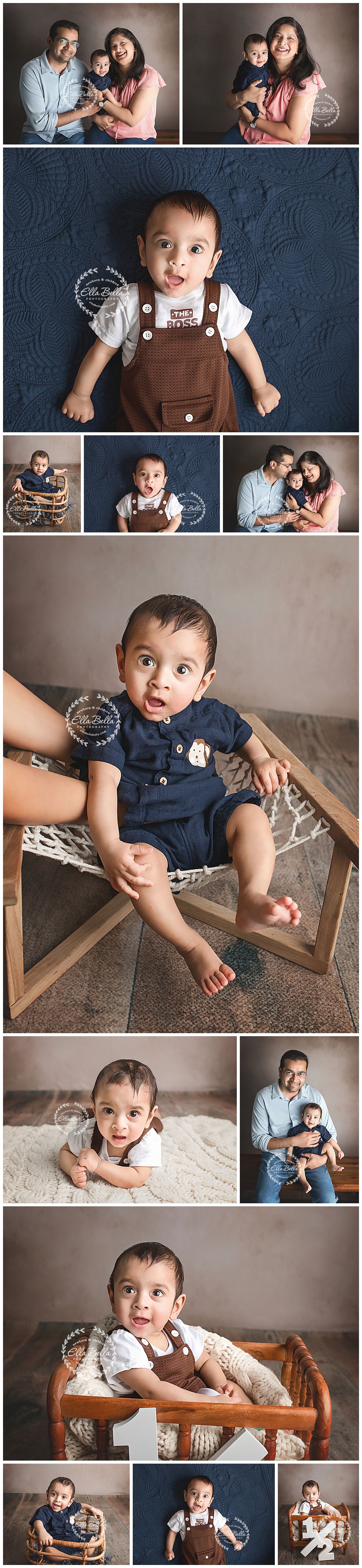 Adorable baby boy milestone photo session with family portraits featuring brown overalls and navy outfits on studio backdrops.