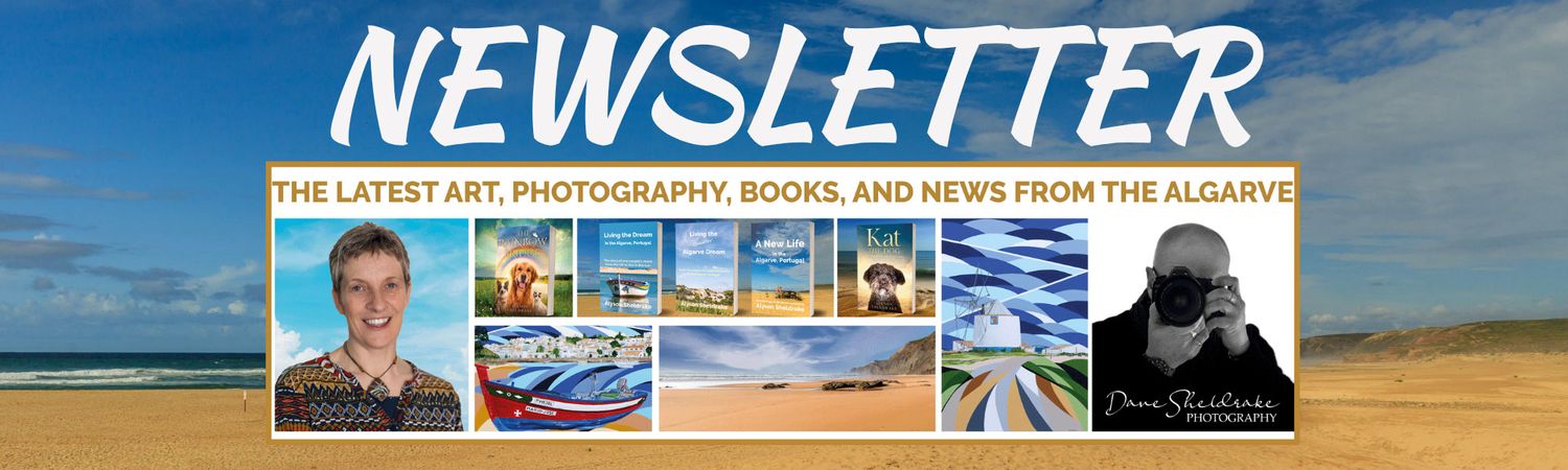 Algarve newsletter banner featuring coastal scenery, colourful artwork, and books by Alyson Sheldrake and Dave Sheldrake, photographer.