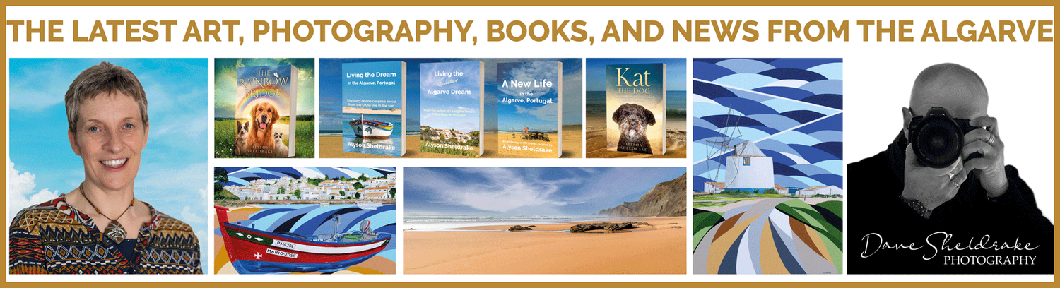 A colorful banner featuring Algarve art, photography, books, and news with coastal landscapes and portrait photos.