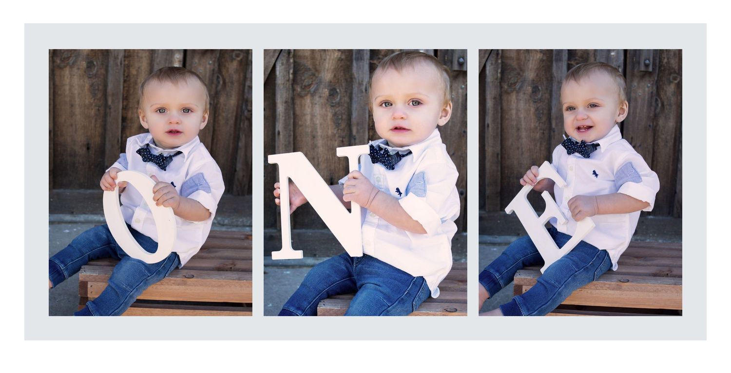 Triptych photo of a baby boy holding wooden letters spelling ONE for a first birthday portrait.