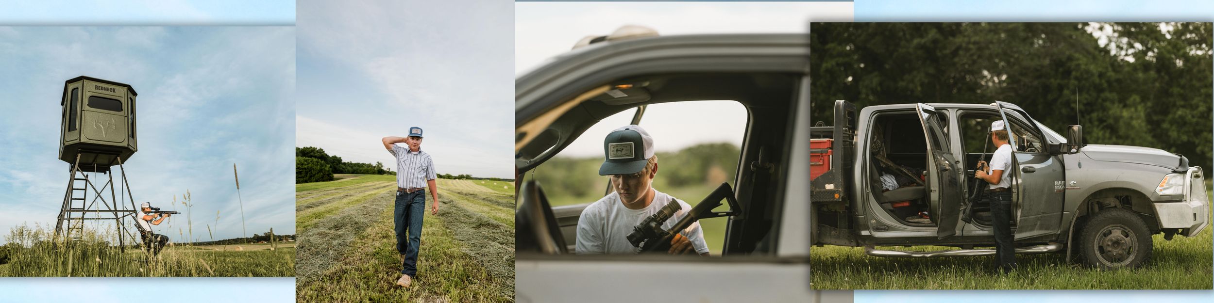 Hunter in field near elevated deer stand, man in truck cab, and person standing beside pickup truck outdoors.