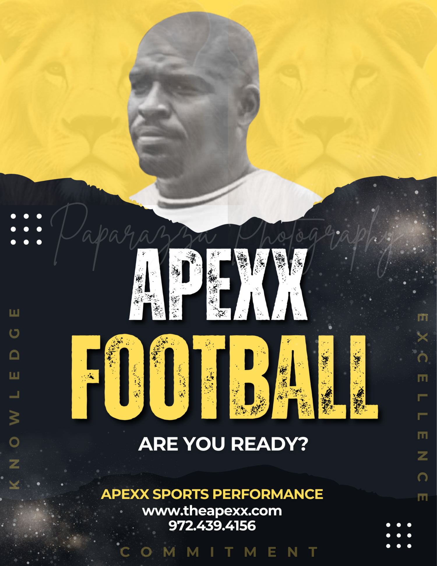 Apexx Football sports performance promotional flyer featuring a coach, bold yellow text, and lion logo on dark background.