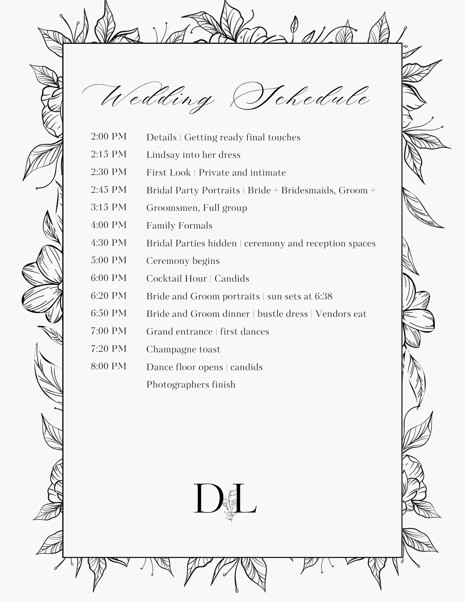 Elegant bride wedding schedule card with floral border detailing timeline from 12:00 PM to 10:00 PM for a garden ceremony.