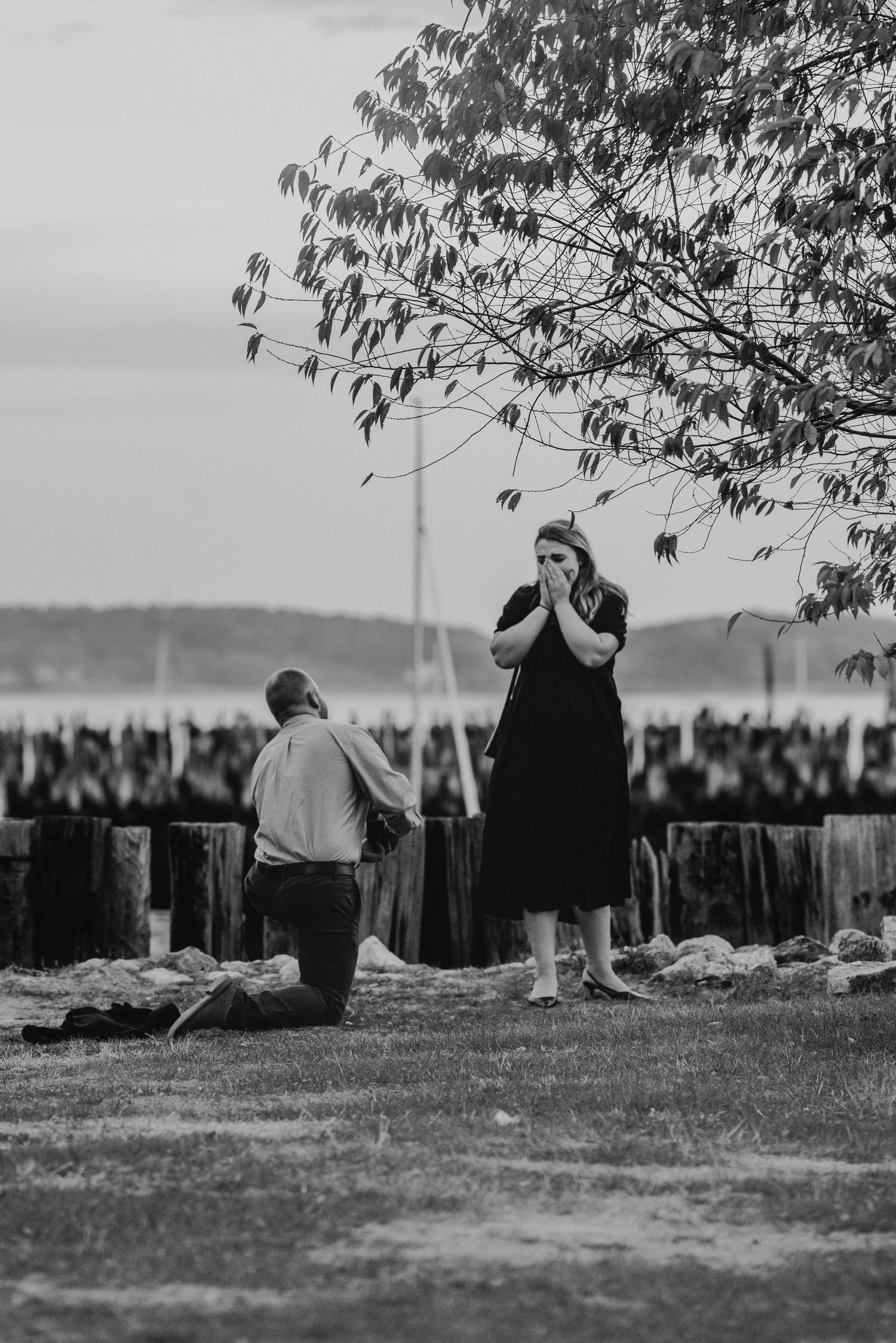 Black and white photo of a man on one knee proposing to a woman near a waterfront park with trees.