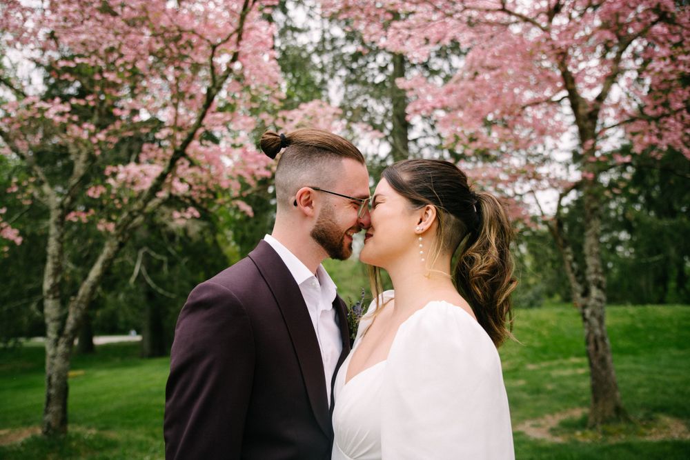 A romantic wedding portrait under blooming pink cherry blossom trees in a spring garden setting.
