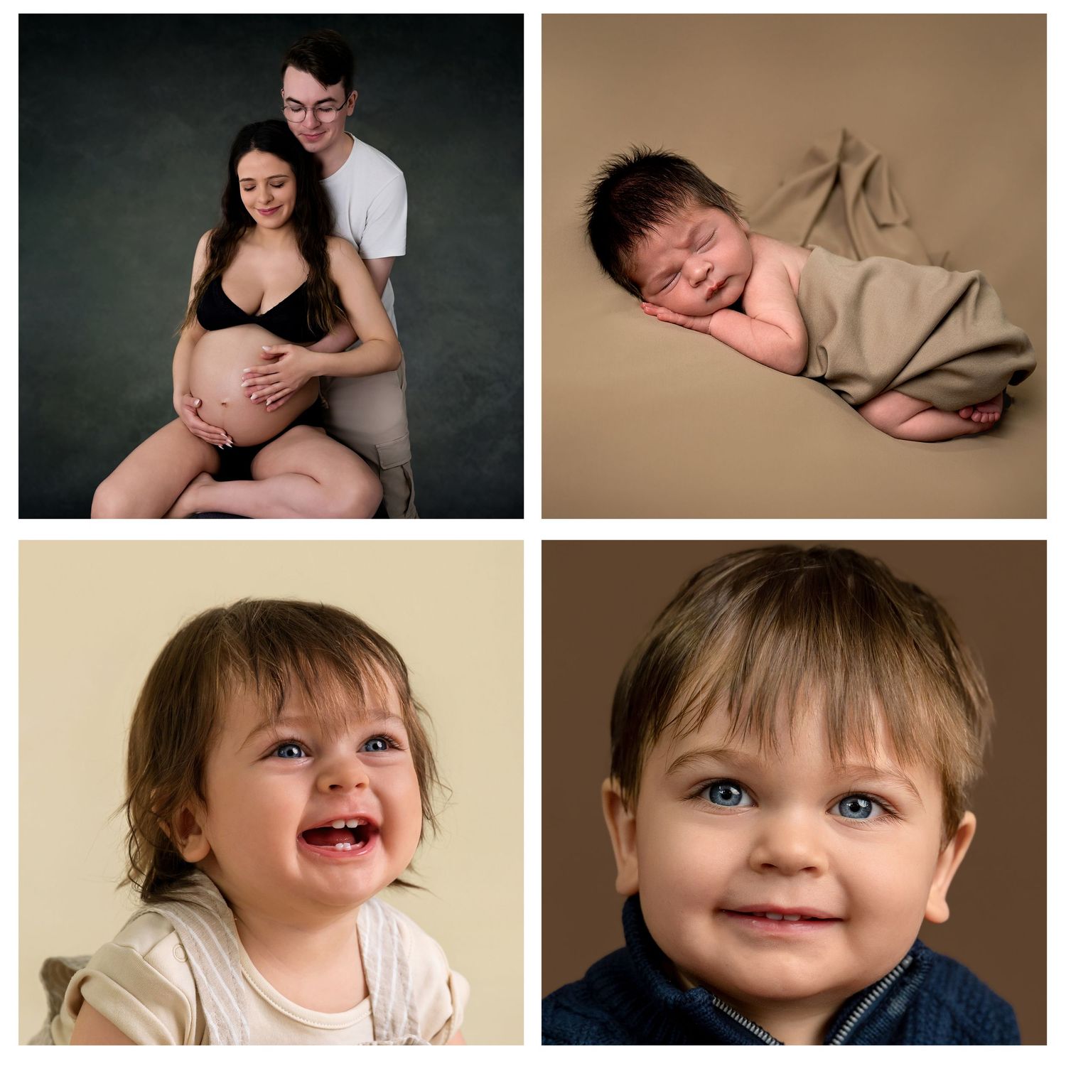 Collage of maternity couple portrait, sleeping newborn, and two toddler milestone portraits in a professional photography studio.