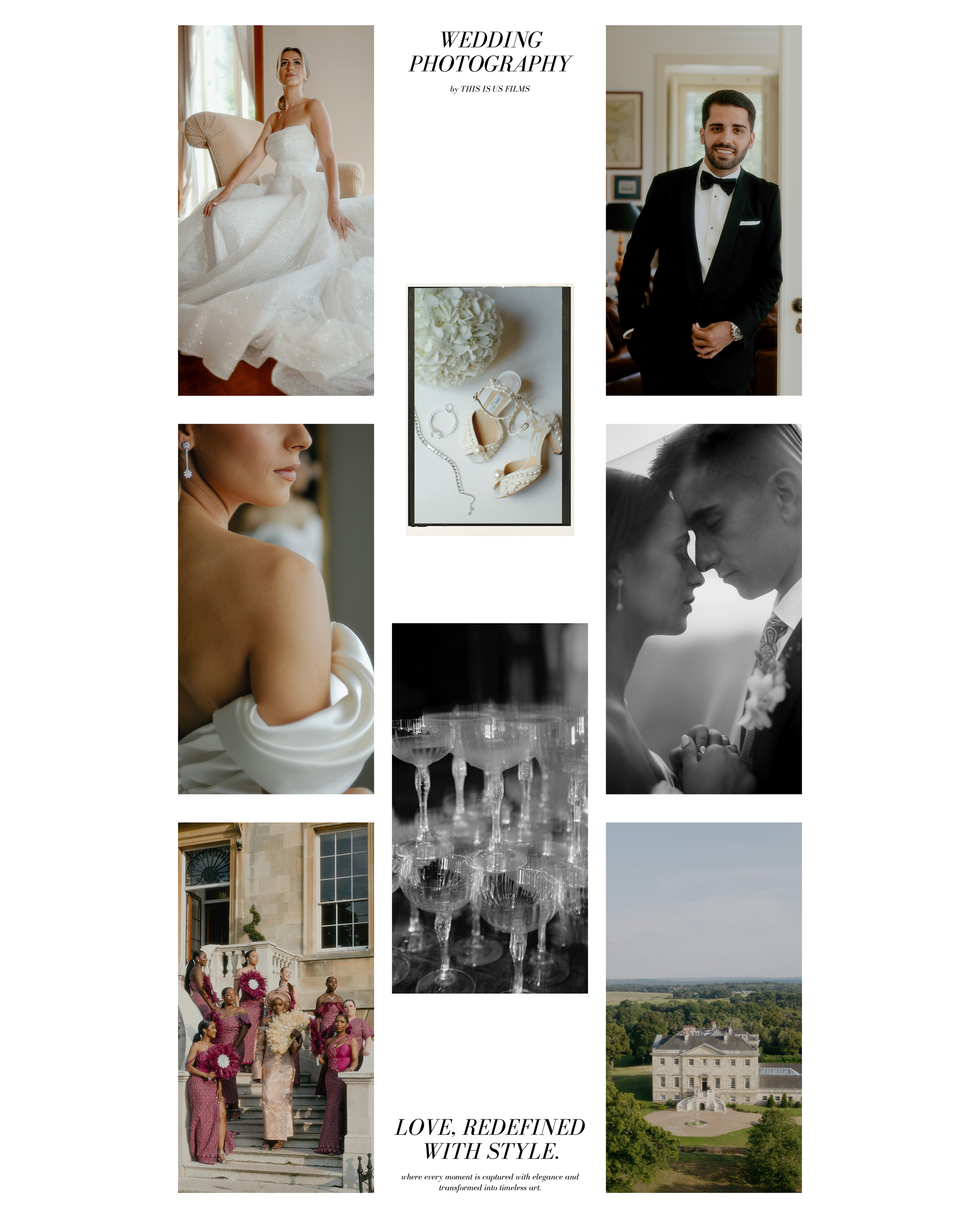 Wedding collage showcasing elegant bride portraits, ceremony details, bridal party in pink dresses, and a grand estate venue.