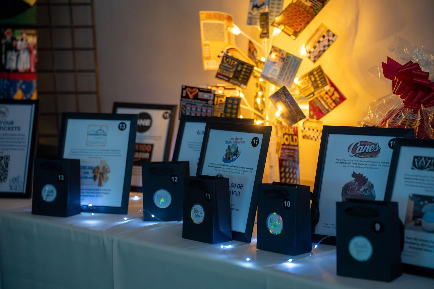 Framed auction items and gift bags displayed on a table with fairy lights at a charity fundraising event.