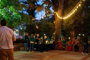 Outdoor evening gathering with string lights in trees, guests mingling around a table on a patio.