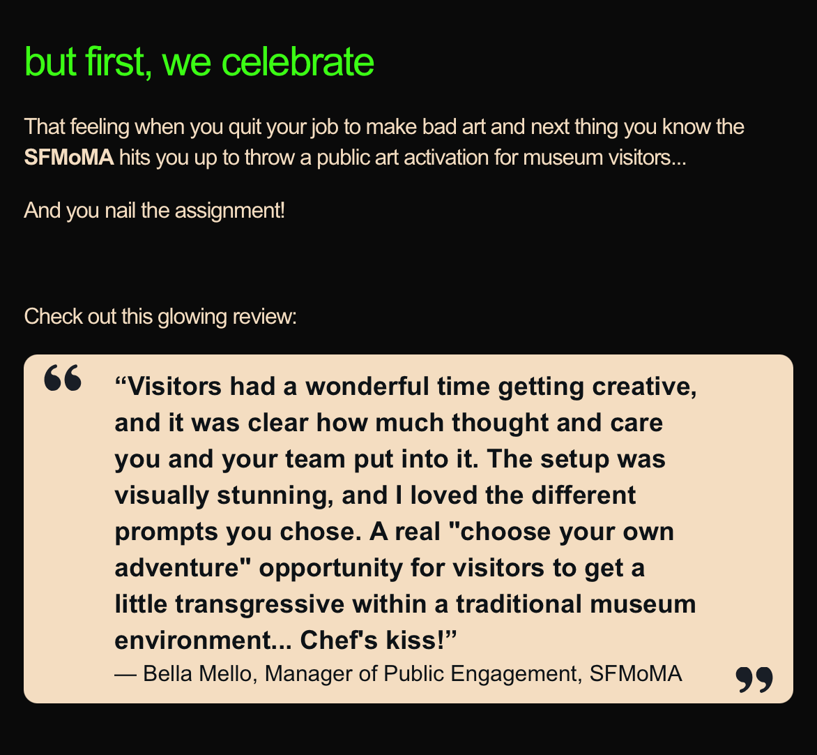 SFMoMA Manager of Public Engagement praises a creative, visually stunning public art activation with a glowing review.