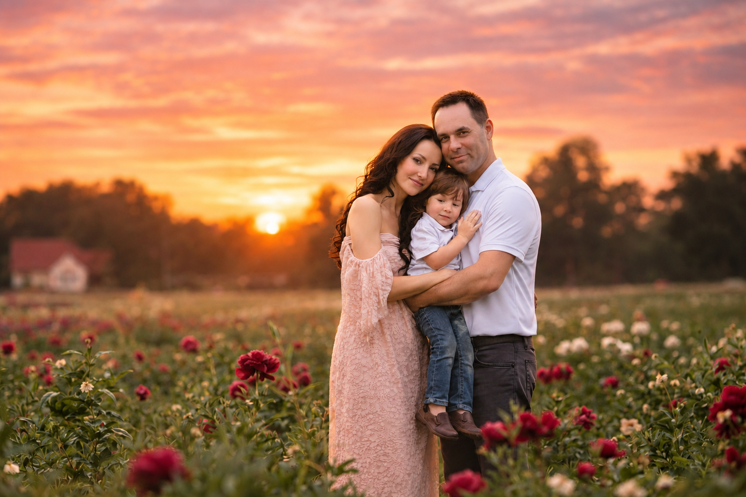 Image of a family at sunset in a stunning peony field located in New Jersey