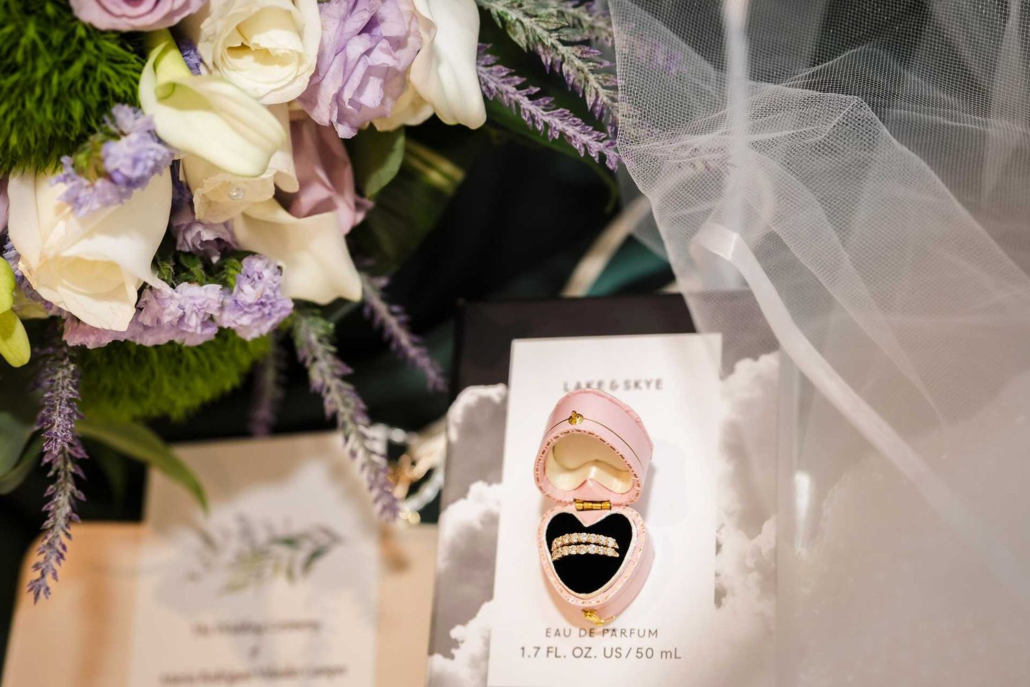 Wedding flat lay with floral bouquet, at the view wedding