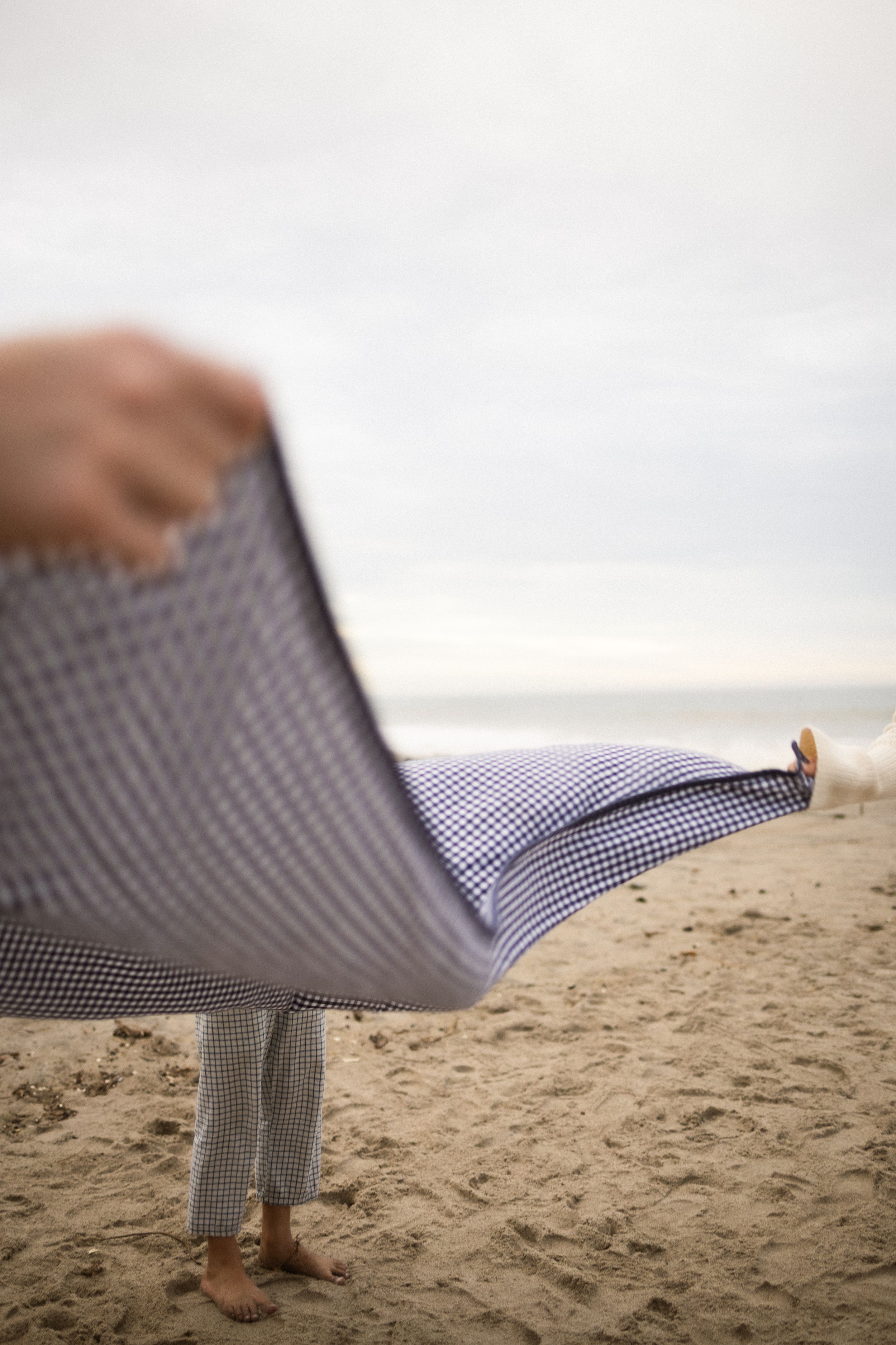 Person holding a blue gingham blanket on a sandy beach with ocean in the background.