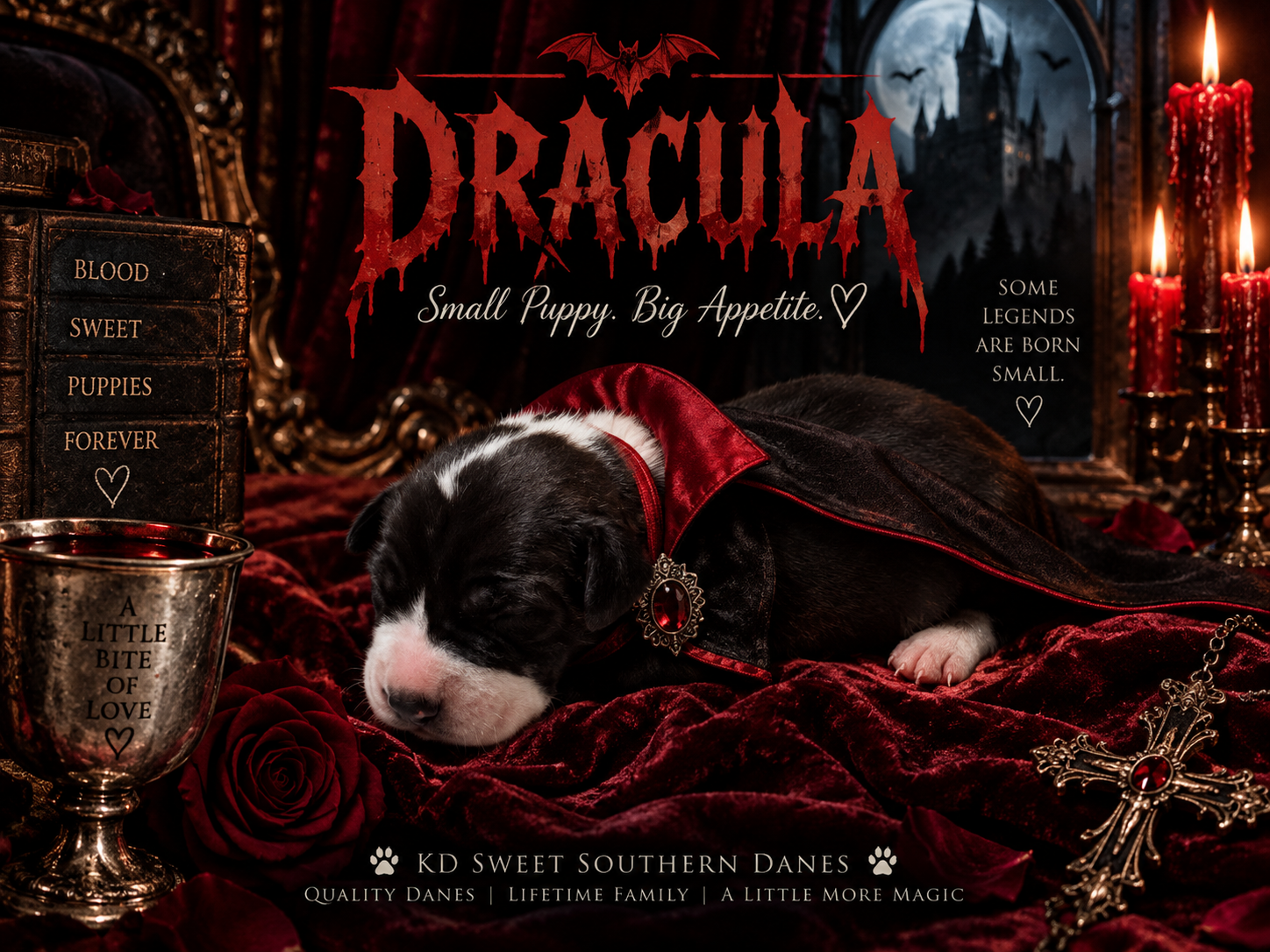 A sleeping Great Dane puppy dressed in a red cape on red velvet, styled as a Dracula movie poster for KD Sweet Southern Danes.