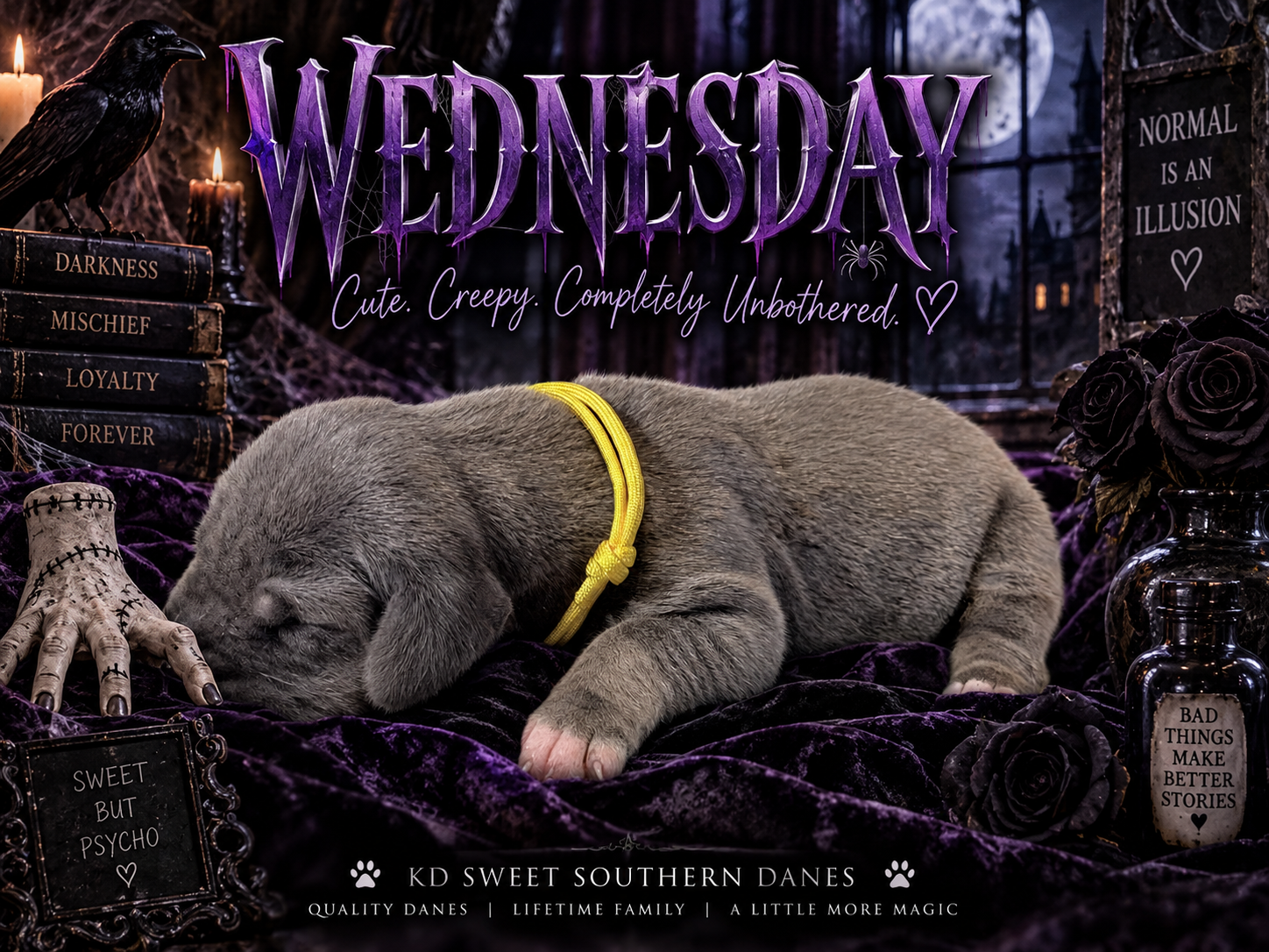 Sleeping gray Great Dane puppy with yellow collar on purple gothic backdrop for KD Sweet Southern Danes.