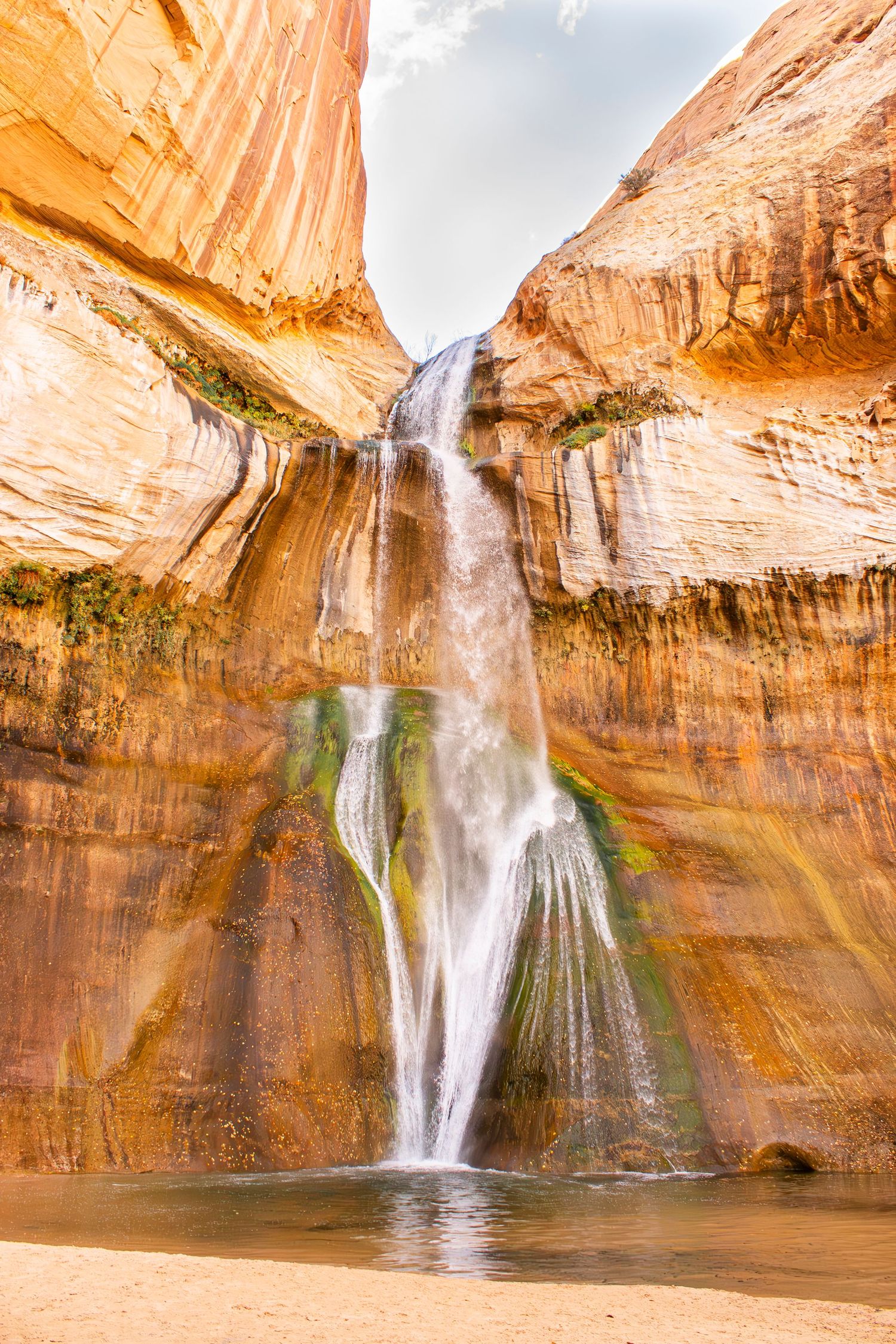 A stunning waterfall cascades down vibrant red sandstone canyon walls into a serene pool below.
