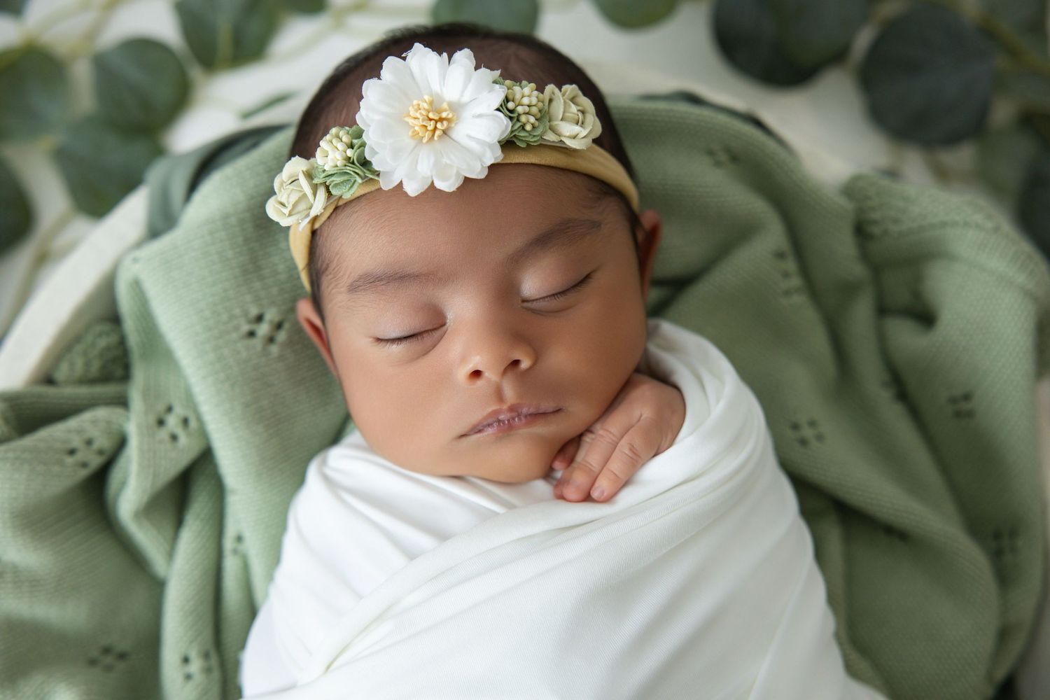 Sleeping newborn baby wrapped in white swaddle with floral headband on green knit blanket surrounded by eucalyptus leaves.