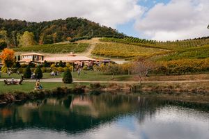 Scenic winery with vineyard hillside, outdoor seating, and tranquil pond reflection on a sunny autumn day.