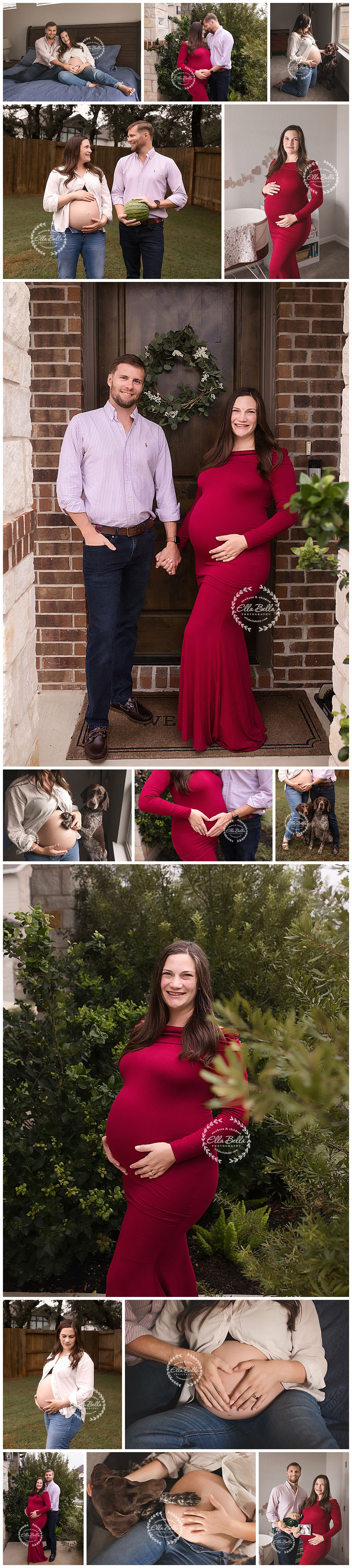 Maternity photo collage featuring a pregnant woman in a red dress and her partner posing at their brick home and garden.