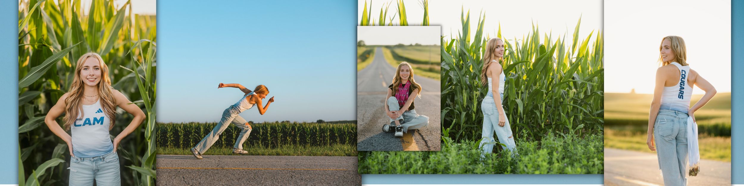 A collage of a young blonde woman posing outdoors in various athletic outfits on a sunny summer day near cornfields and roads.