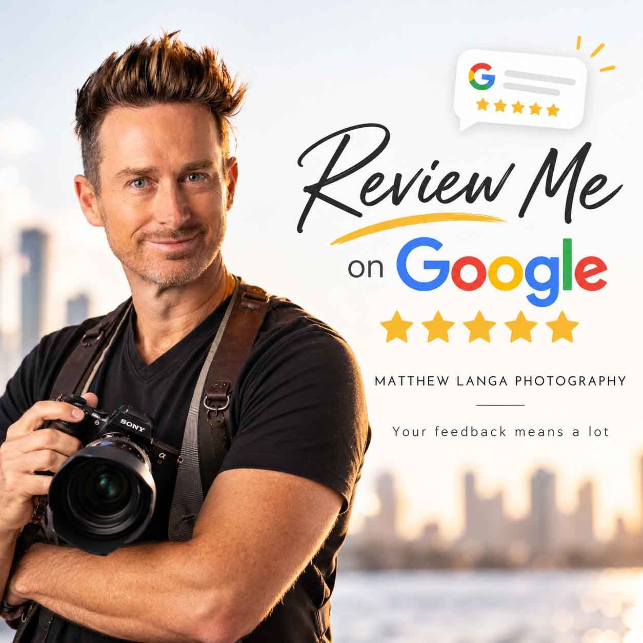 Photographer holding a camera beside a Review Me on Google five-star graphic for Matthew Langa Photography with a city skyline behind.