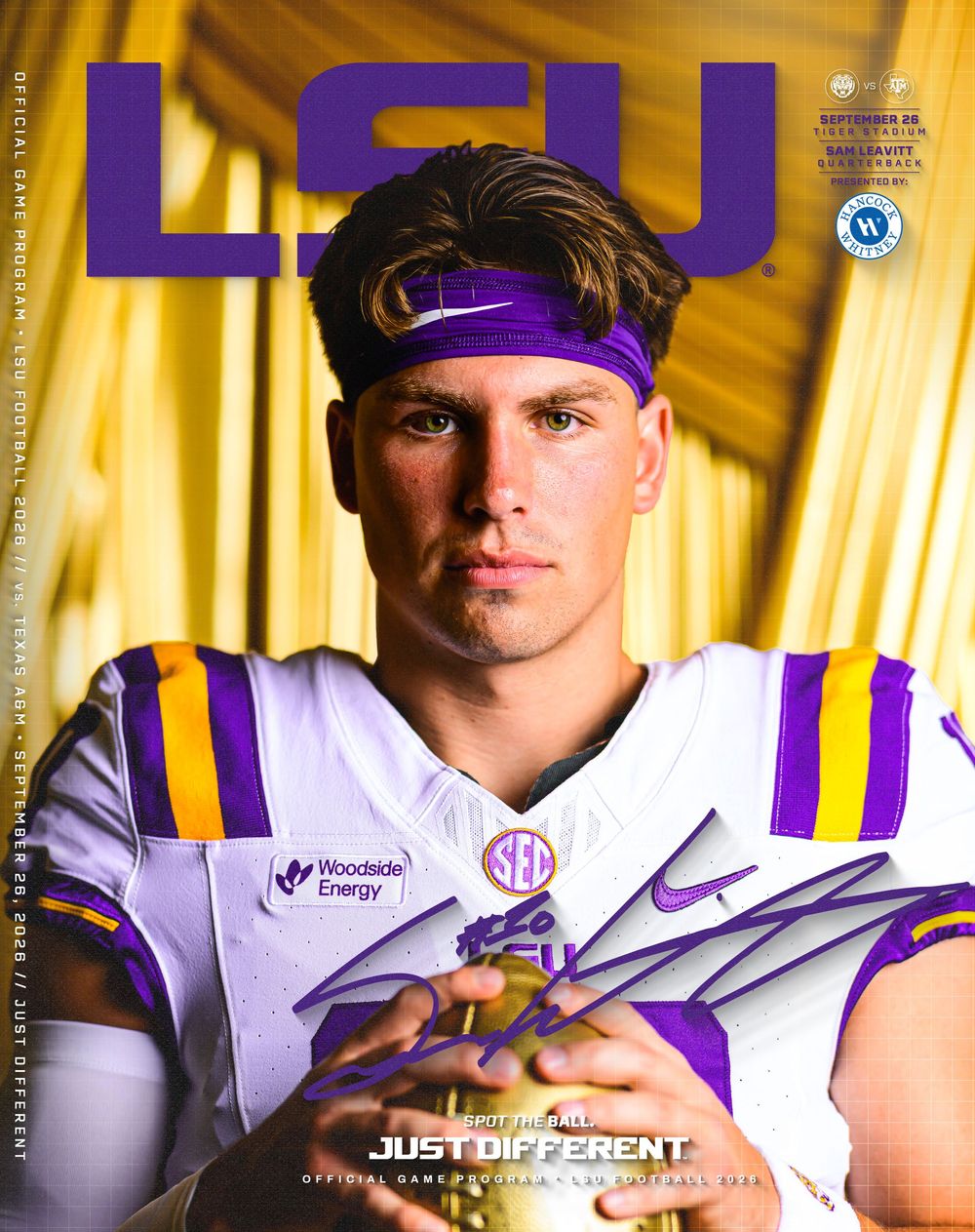 LSU football official game program cover showing a player in a white jersey and purple headband holding a football against a gold curtain.