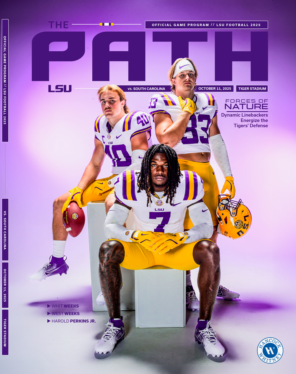 LSU Football official game program cover for the South Carolina game at Tiger Stadium featuring three players in purple and gold uniforms.