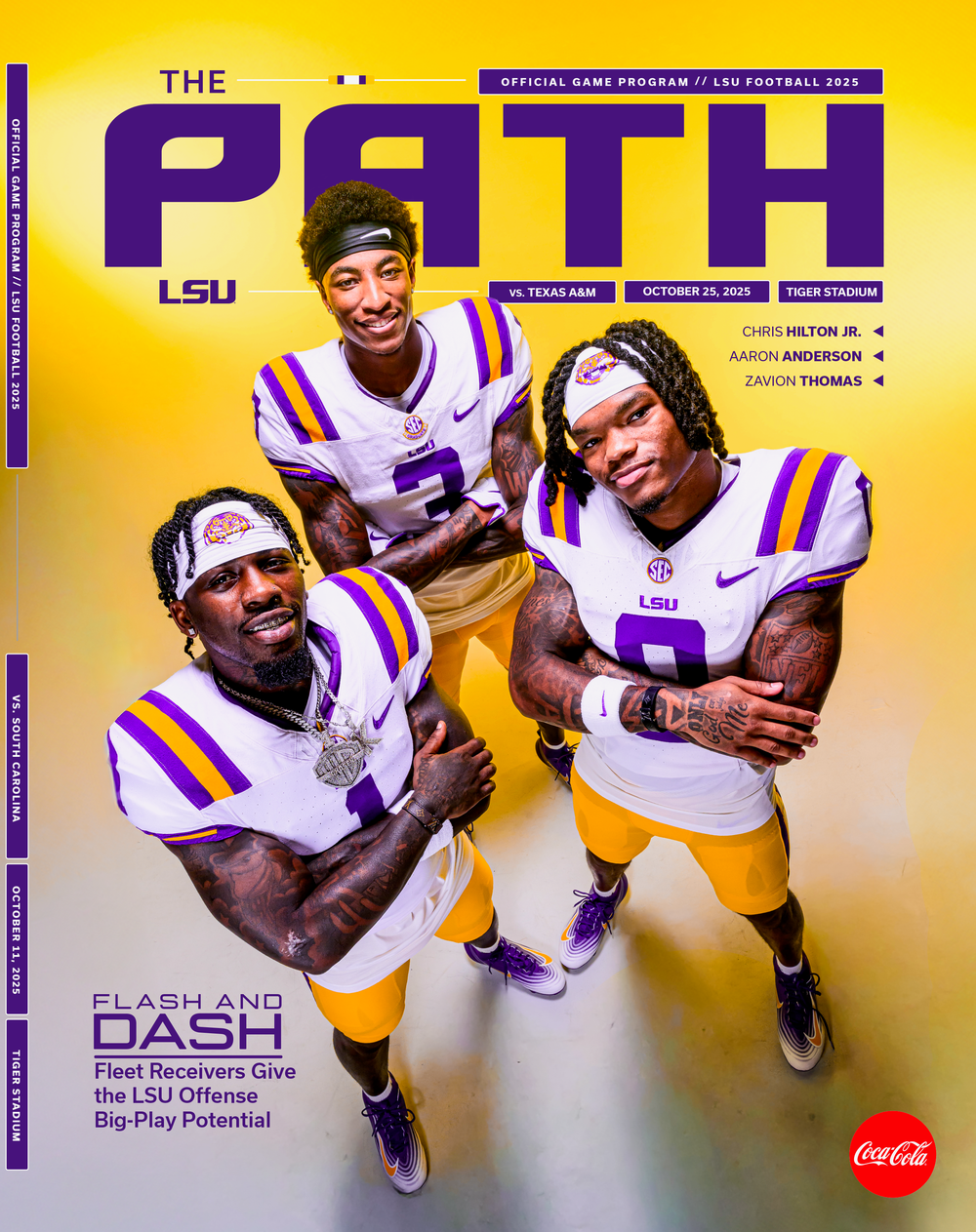 LSU Football 2025 game program cover for The Path featuring three receivers in white and purple uniforms against Texas A&M at Tiger Stadium.