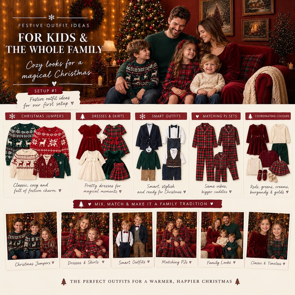 Festive Christmas outfit ideas for kids and the whole family, featuring matching pajamas, jumpers, dresses and smart looks by a tree.