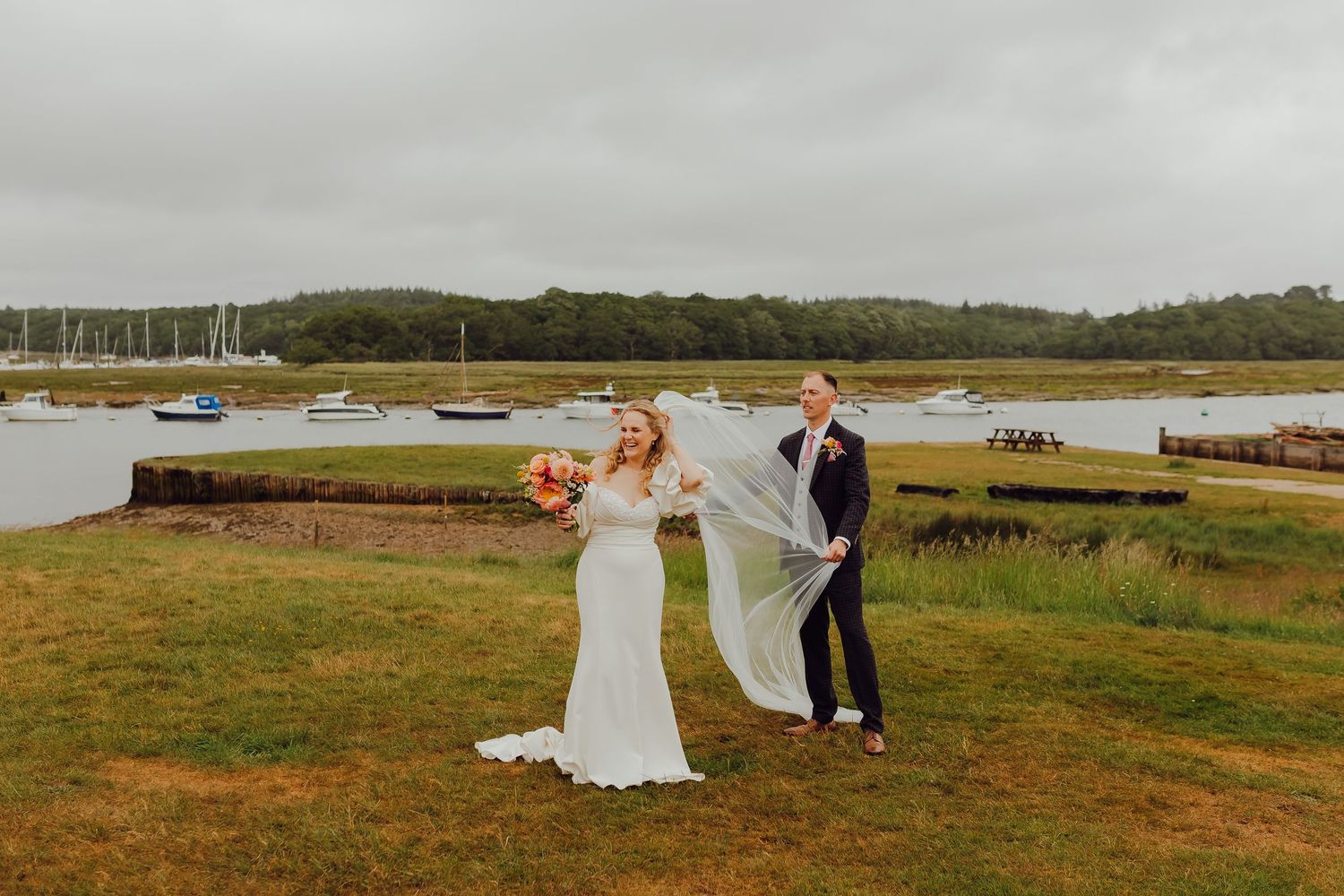 Wedding couple together at the Master Builder's House, happy and in love.