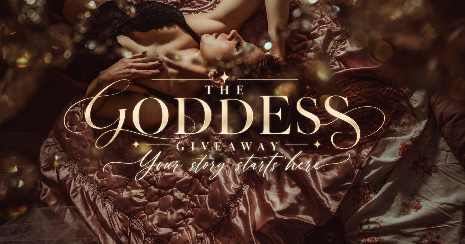 The Goddess Giveaway promotional banner featuring elegant text overlay on a moody, luxurious background.
