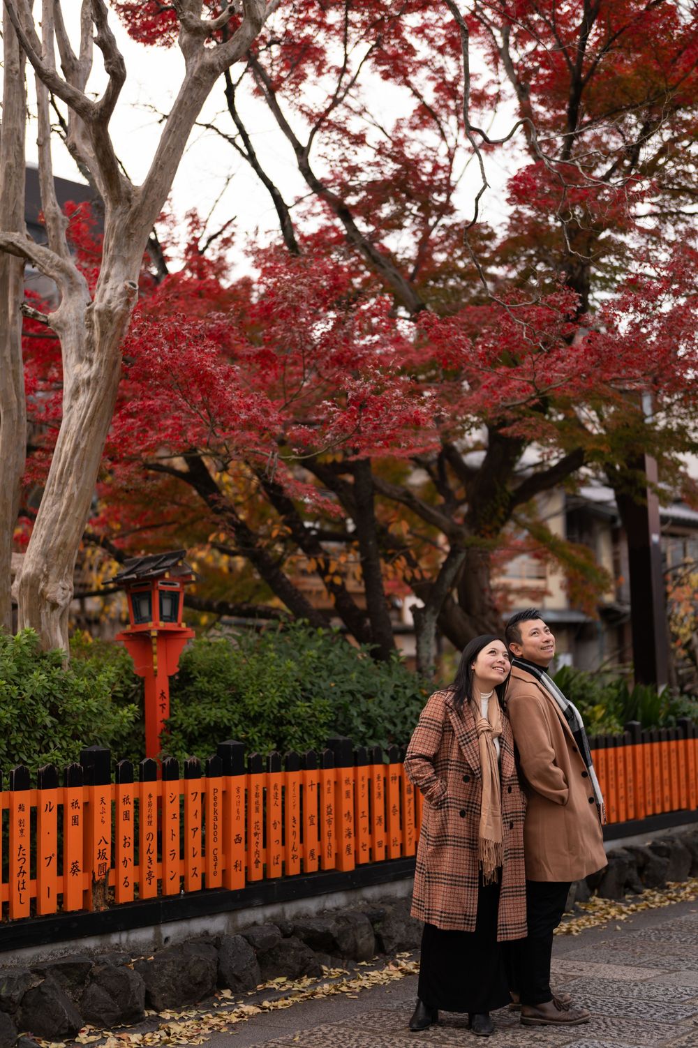 Couple in plaid coats embrace on a stone path beside an orange fence under vibrant red autumn maple trees.