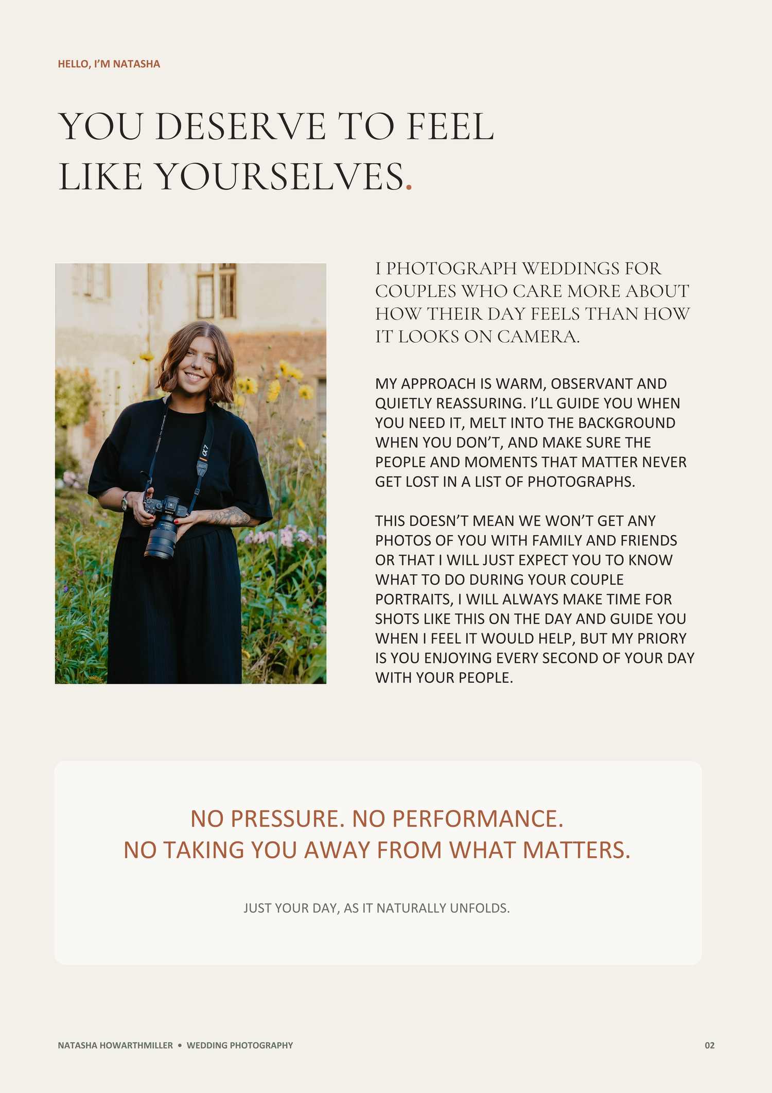 Wedding photographer Natasha smiles outdoors, surrounded by greenery, on her professional photography portfolio page.
