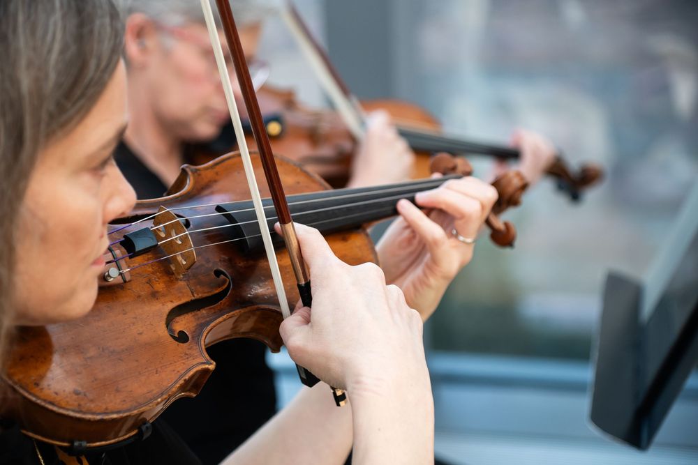 Close-up of a violinist playing violin in an orchestra, with another musician visible in the background.