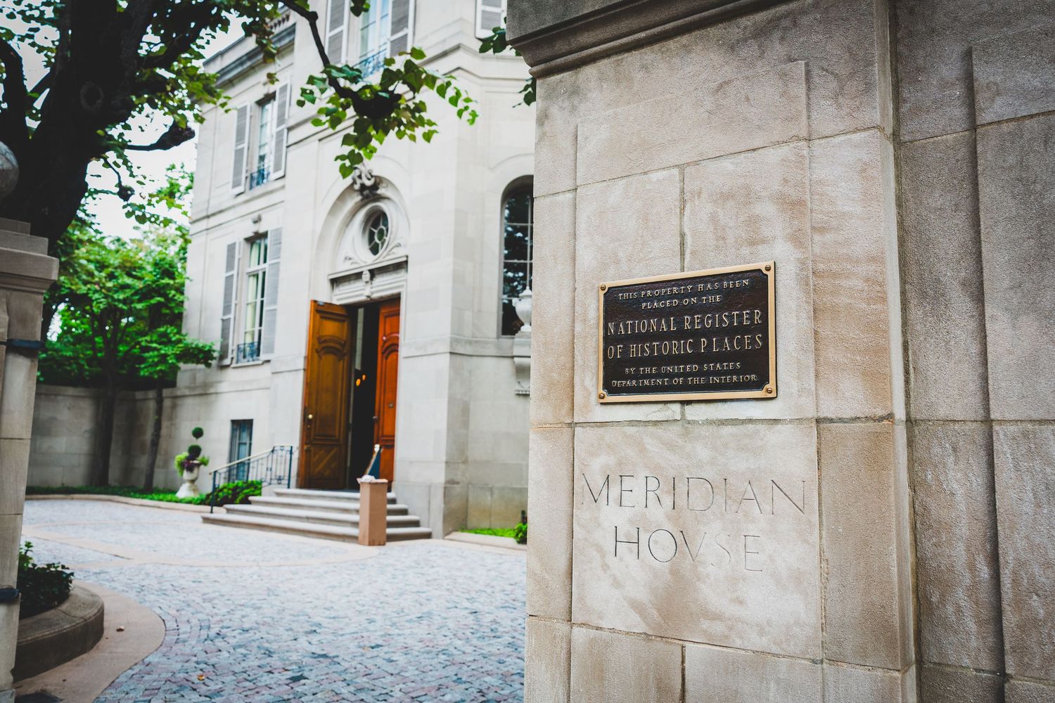 Meridian House historic landmark building entrance with National Register of Historic Places plaque in Washington DC.