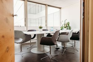 Modern conference room with white oval table, gray upholstered chairs, and large windows providing natural light.