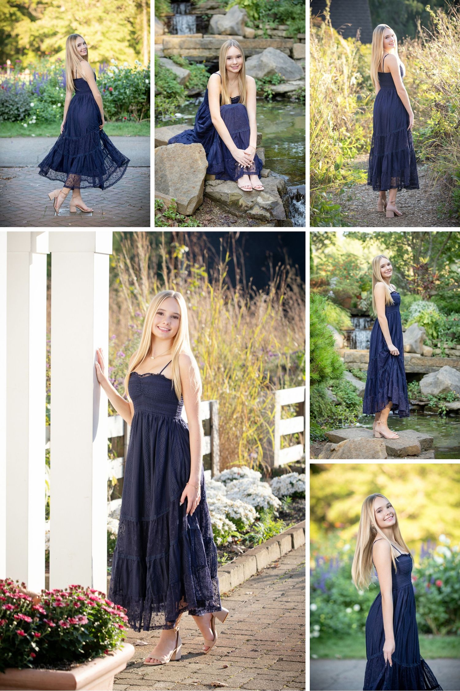 Olentangy Orange senior photos at Inniswoods featuring a navy dress, garden flowers, waterfall, and scenic outdoor portraits.