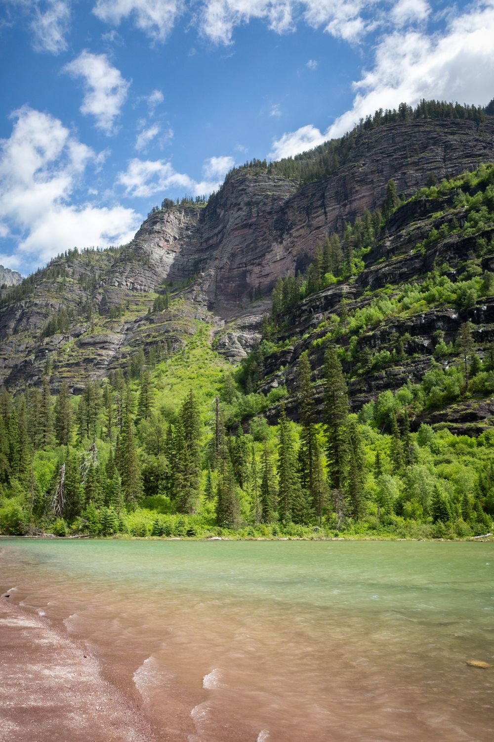 Turquoise river flows past lush green pine forest below dramatic rocky mountain cliffs under blue sky with white clouds.