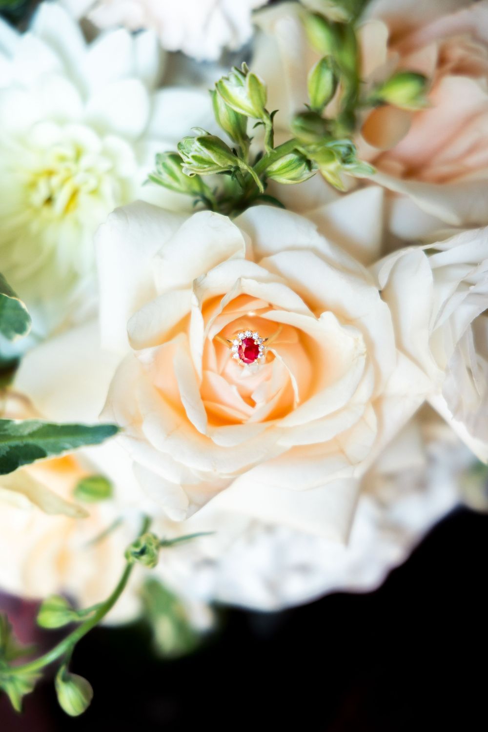 A delicate ruby and diamond ring nestled in the center of a creamy peach rose surrounded by white flowers.